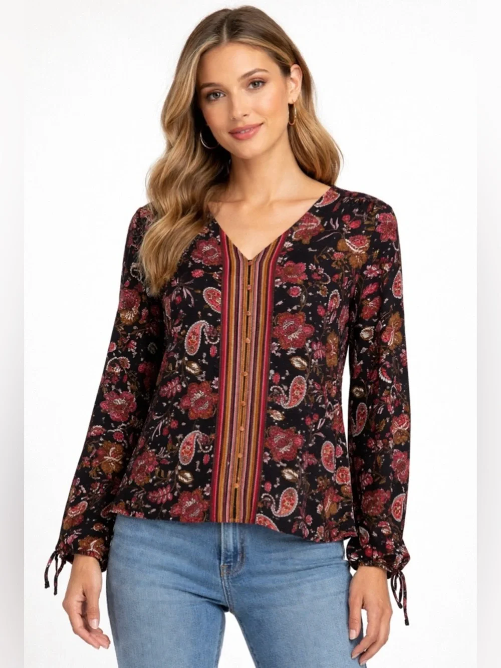 Zac & Rachel Blouse Womens XL Black Floral Paisley Boho Peasant Top Long Sleeve - Picture 1 of 10